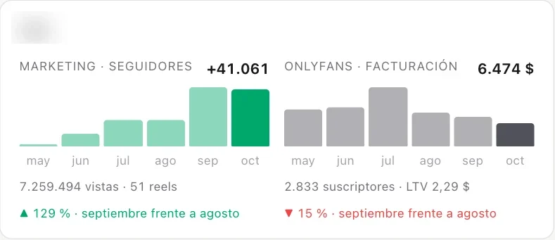 Ficha de una cuenta en el panel, de mayo a octubre: más 41.061 seguidores, 7.259.494 vistas con 51 reels y 6.474 dólares netos en octubre.